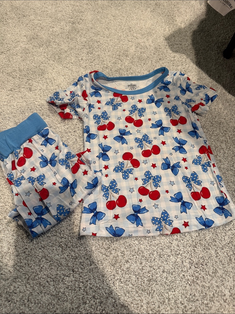 Kids Short Sleeve Pajama Set with Red Cherries & Blue Bows